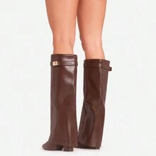 Ego Ava Lock Detail Pointed Toe Knee High Block Heel Boot In Brown Faux Leather - Brown - View 3