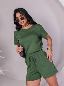Women's Set In Fleece Fabric Comprising Shorts And Short Sleeve Cropped Top - Army Green - View 6