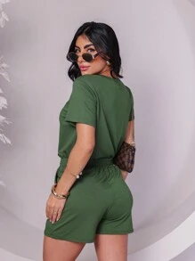 Women's Set In Fleece Fabric Comprising Shorts And Short Sleeve Cropped Top - Army Green - View 4