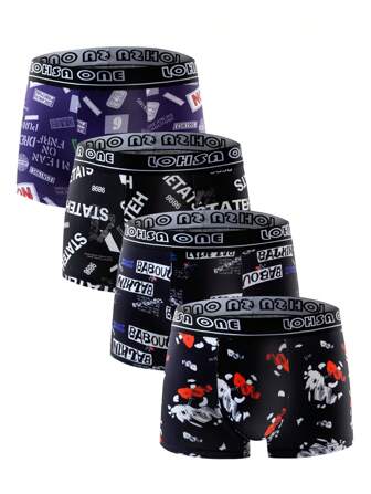 4pcs/Set Teen Boys' New Style Graffiti Print Breathable Soft Boxer Briefs
