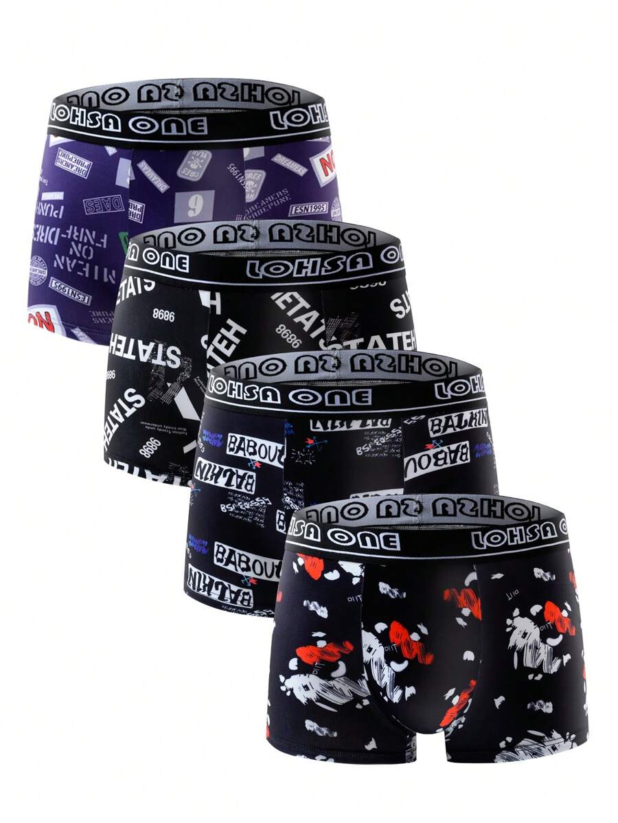 4pcs/Set Teen Boys' New Style Graffiti Print Breathable Soft Boxer Briefs
