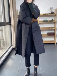 Women's Casual Warm Solid Color Long Plaid Cotton Padded Coat For Autumn/Winter