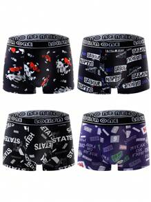 4pcs/Set Teen Boys' New Style Graffiti Print Breathable Soft Boxer Briefs