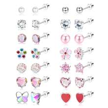 Hypoallergenic 316L Stainless Steel Stud Earrings For Girls Women, Screw Back Earrings For Sensitive Ears Cute Flower Butterfly Stud Hoop Earrings Screwback Girl Earrings 1-21 Pairs - Cubic Zirconia Earrings - View 9