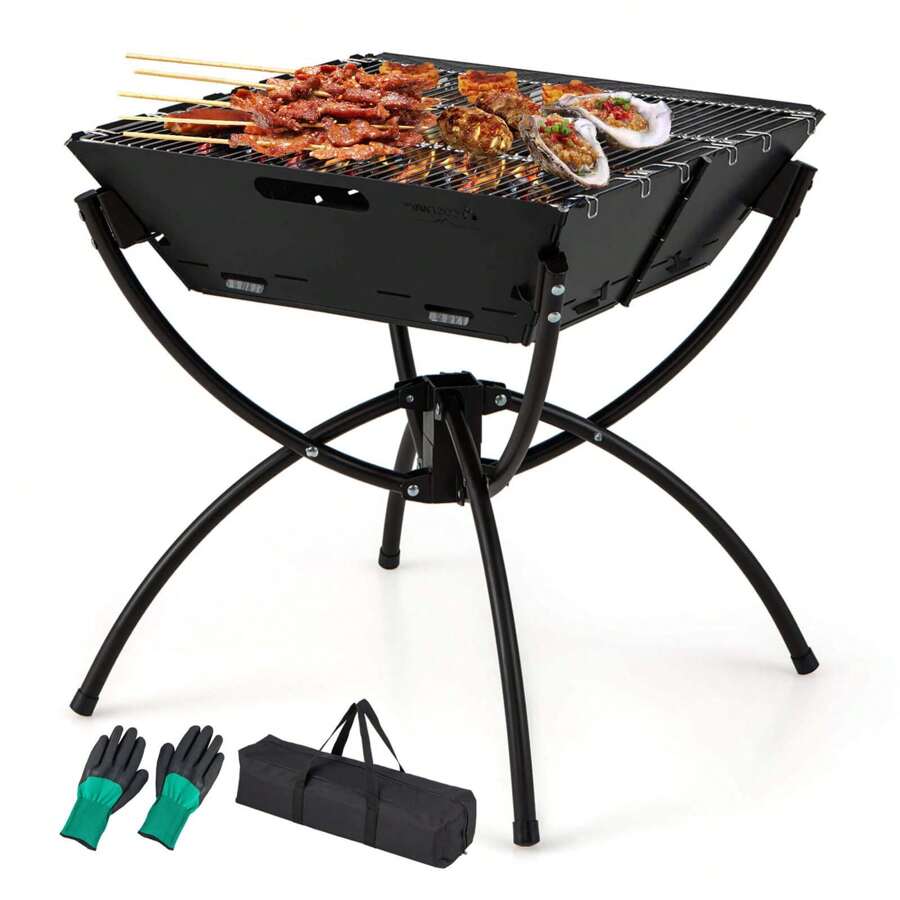 Lifezeal 3-In-1 Portable Charcoal Grill Folding Camping Fire Pit With Carrying Bag & Gloves Black/Coffee
