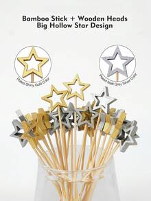 20pcs Star Shaped Bamboo Cocktail Picks; Long Decorative Toothpicks; Appetizer Skewers; Elegant Fruit Bamboo Sticks; Beverage Decor; Dessert Decorations; Holiday Birthday Party Supplies - Multicolor - View 2