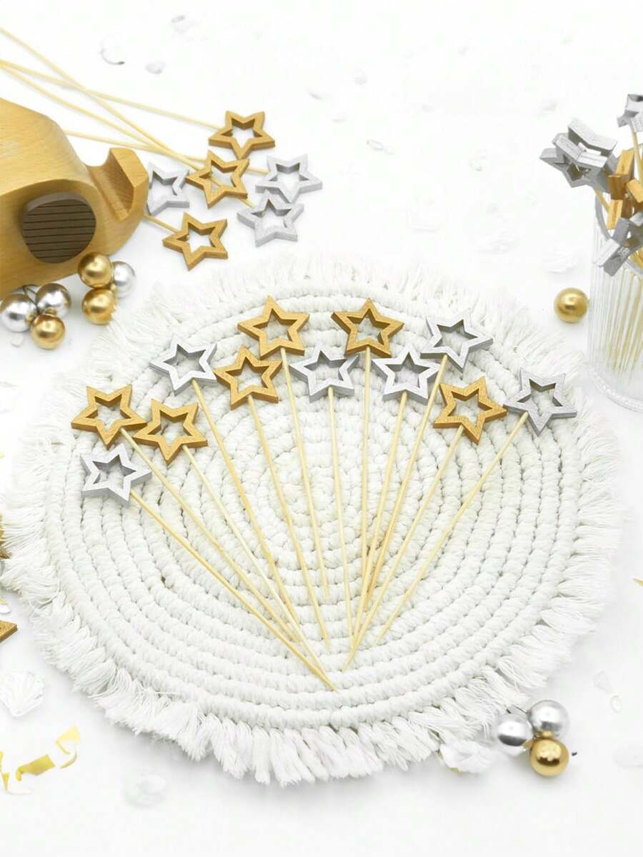 20pcs Star Shaped Bamboo Cocktail Picks; Long Decorative Toothpicks; Appetizer Skewers; Elegant Fruit Bamboo Sticks; Beverage Decor; Dessert Decorations; Holiday Birthday Party Supplies - Multicolor - View 1