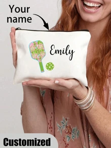 1 pièce Sac cosmétique personnalisé en polyester avec motif Pickleball - Nom personnalisable, sac de rangement portatif avec fermeture éclair, sac organisateur de maquillage de voyage, cadeau pour joueur de pickleball unisexe adulte, organisateur de voyage avec fermeture éclair, sac cosmétique léger avec fermeture éclair également parfait pour porte-monnaie, trousse à crayons, cadeau pour joueur de pickleball unisexe adulte, parfait pour le shopping, les sorties, les vacances, les voyages, les festivals, les fêtes ou en cadeau, cadeau idéal