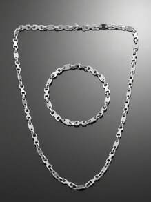 Stainless Steel Pig Nose Pendant Necklace & Bracelet Set, Fashionable And Stylish - Silver - View 11