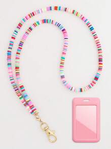 Colored Flat Silicone Beads Neck Lanyard For ID Badge Card Holder Keys And Keychain, With Pink ID Badge Card Holder, Cute Beads Teacher Necklace Lanyard, Great Gift For Women, Teacher, Office Worker School Car Accessories Goth Y2k Bag Charms Car Friend Sister Gift Ideas - Multicolor - View 2