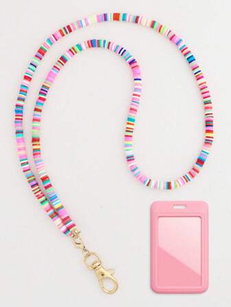 Colored Flat Silicone Beads Neck Lanyard For ID Badge Card Holder Keys And Keychain, With Pink ID Badge Card Holder, Cute Beads Teacher Necklace Lanyard, Great Gift For Women, Teacher, Office Worker School Car Accessories Goth Y2k Bag Charms Car Friend Sister Gift Ideas