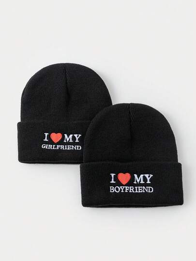1pc/2pcs Set Women Fashion Embroidered Heart & Letter Knit Beanie Hat, Warm Couple Hats For Autumn/Winter Outfits
