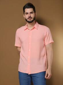 Men's Plain Short Sleeve Button Down Shirt In VISCOSE / Men's Blouse / Dress Shirt - 粉色 - 查看 1