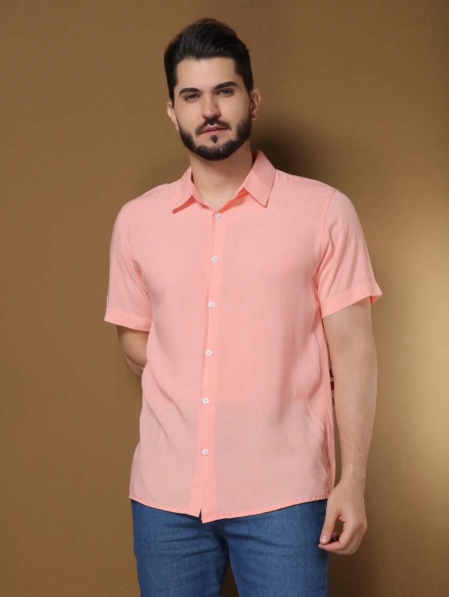 Men's Plain Short Sleeve Button Down Shirt In VISCOSE / Men's Blouse / Dress Shirt - 粉色 - 查看 1