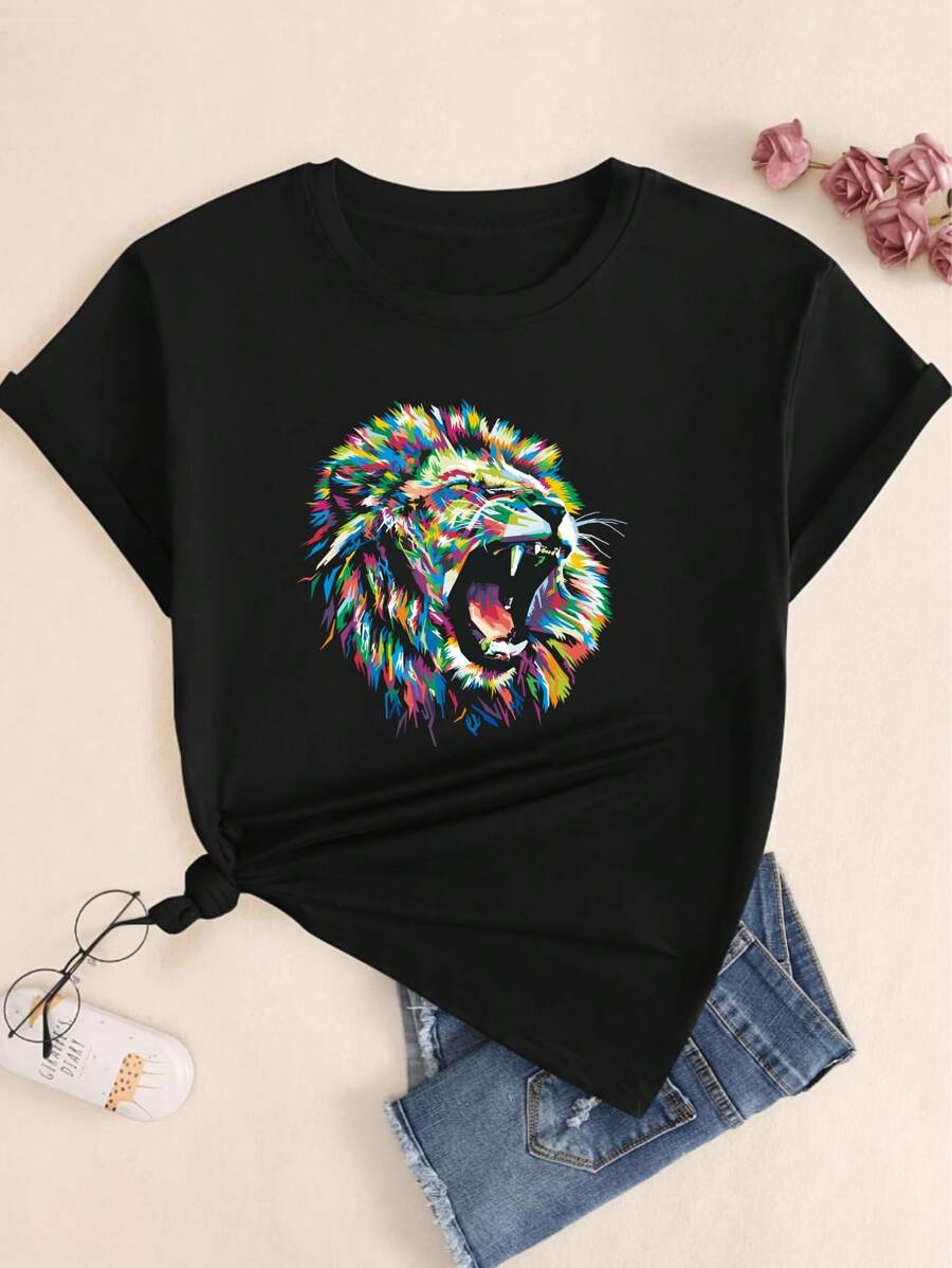 Sweet, Sexy, Sophisticated, Versatile, Hot Girl, Tight, Elegant, Comfortable Lion Art Print Colorful Women's Babylook Shirt Casual Comfort Streetwear Cotton - Vì vậy - Xem 1