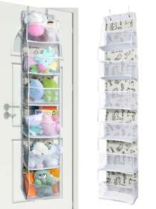 1个米色悬挂式收纳袋，可爱动物图案，6层房间收纳架，带透明网袋，可挂在门后；4层储物收纳架，适用于婴儿房收纳、娃娃架 - 彩色 - 查看 12