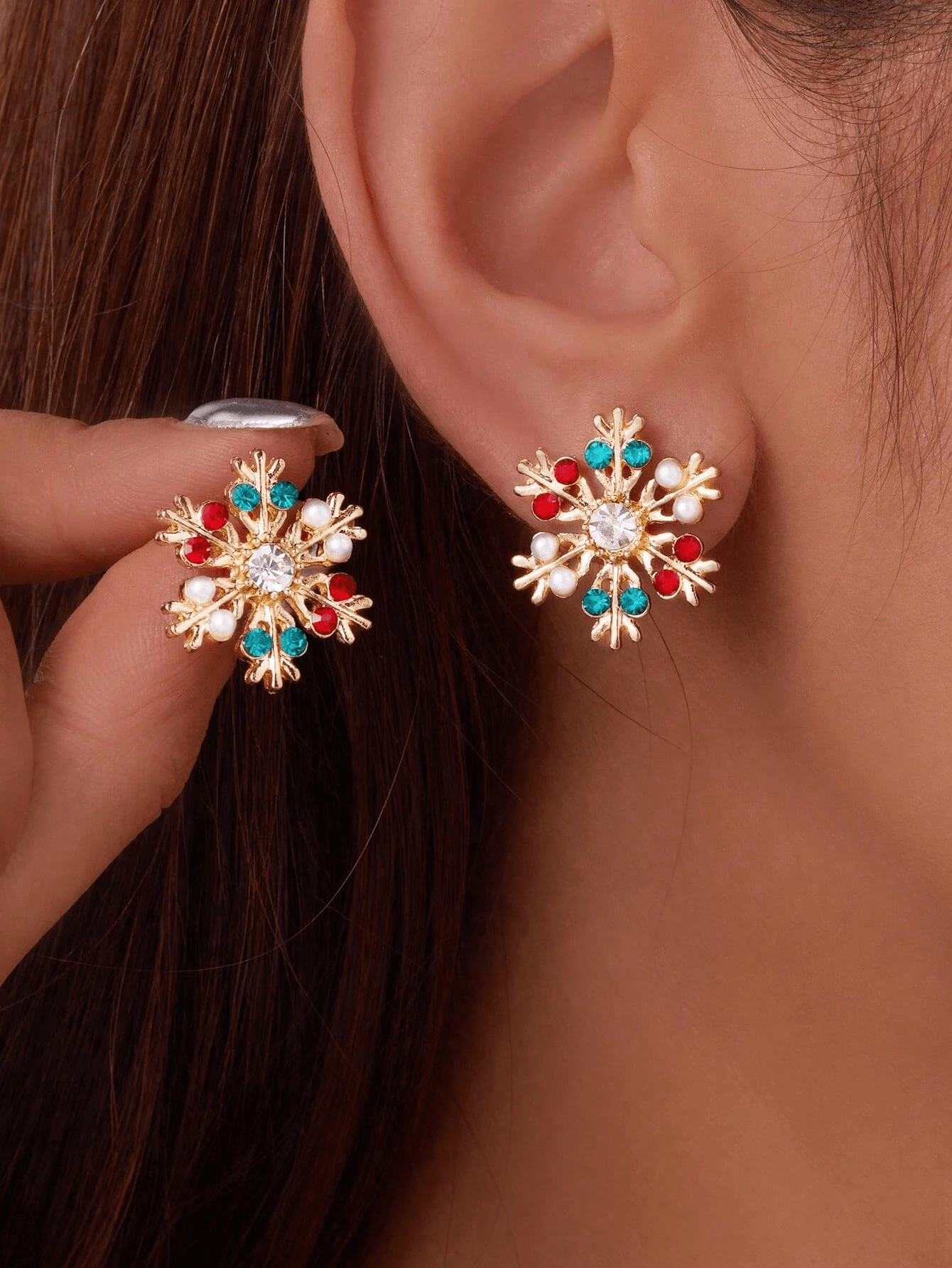 1 Pair Christmas Snowflake Rhinestone Stud Earrings, Colorful Luxury Accessory For Christmas Party And Daily Wear - Multicolor - View 1