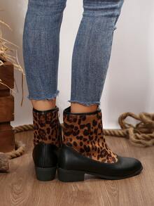 Women's Fashion Brown Leopard Print Patchwork Design Elegant Suede Ankle Boots, Comfortable Short Boots For Daily Wear, Autumn - Brown Leopard Print - View 3