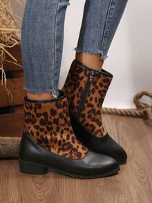 Women's Fashion Brown Leopard Print Patchwork Design Elegant Suede Ankle Boots, Comfortable Short Boots For Daily Wear, Autumn - Brown Leopard Print - View 2