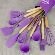 12pcs/Set Silicone Kitchen Utensils Set, Safe Cooking Tools Set, Non-Stick Cookware Set, Wooden Handle Kitchenware Set, Washable Modern Cookware, Kitchen Essentials - Multicolor - View 18