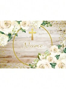 1 pieza Decoración personalizable de corona de flores con hojas verdes, telón de fondo personalizado con nombre para fiesta de cumpleaños, decoración colgante de bautizo, primera comunión y bautizo con cáliz y brillo dorado para estudio fotográfico