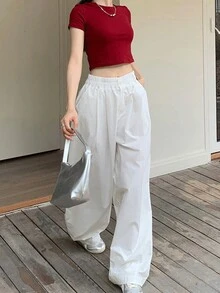 女士宽松休闲裤，纯色松紧腰，宽松阔腿阔腿裤，垂坠效果，初秋 - 白色 - 查看 2