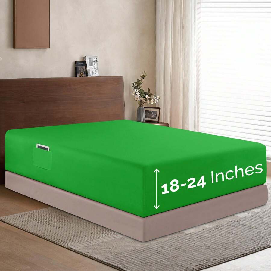 Elegant Comfort Luxury 1pc Extra Deep 18-24 Inch Deep Pocket Fitted Sheet - All Around Elastic Bedding Mattress Covers With Deep Pocket Up To 24 Inch And Double Sided Storage Pockets, Ultra Soft Machine Washable Luxury 1-Piece Bed Fitted Sheet - Fade And Wrinkle Resistant Premium Hotel Quality Twin/Full/Queen/King/Cal King Fitted Sheet, Christmas Decorations Gifts, Cozy Winter Styles, Bright Shades - 翠綠色 - 查看 1