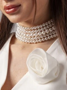 1pc Handmade Multi-Layer Pearl Choker Necklace, Evening Style, Ladies Jewelry - White - View 8
