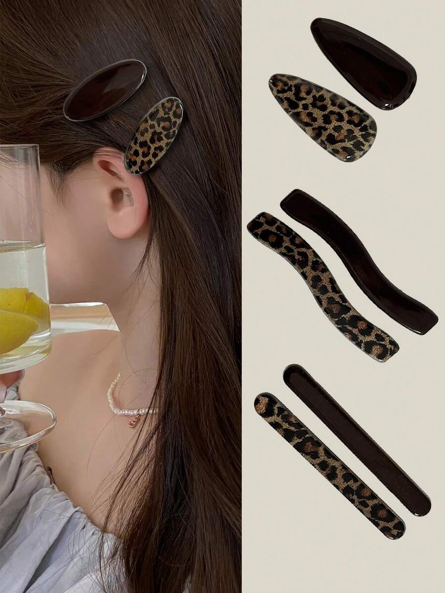 2 件装巧克力棕色和豹纹发夹，精致别致的狂野侧刘海夹，时尚发夹 - 彩色 - 查看 1