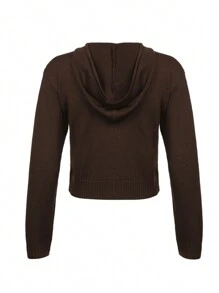 Womens Full Zip Knit Hoodies, Casual Solid Color Long Sleeve Drawstring Sweatshirts - Marrón - Ver 6