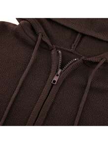 Womens Full Zip Knit Hoodies, Casual Solid Color Long Sleeve Drawstring Sweatshirts - Marrón - Ver 8