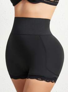 1pc Women's Lace-Trimmed Shapewear Shorts With Padded Buttocks, High-Waisted Seamless Tummy Control Panties With Removable Foam Pad, Breathable Fitted Compression Shorts For Summer