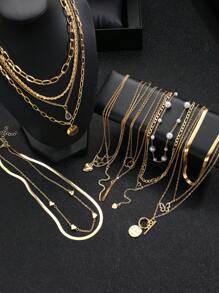 10 件/12 件/13 件套装简约心形、蝴蝶、蛇、星星、水滴和人造珍珠吊坠项链套装，适合女士，约会、度假、日常搭配礼物 - 彩色 - 查看 6
