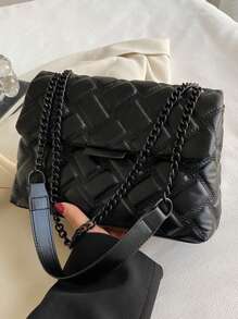 Fall And Winter New Fashionable High-Grade Texture Simple Simple Color Cross-Body Bag, Exquisite Niche Lattice Design Chain Sense Shoulder Straps Shoulder Bag, Classic Elegant Beauty Multi-Functional Ladies Commuter Bag - Black - View 8