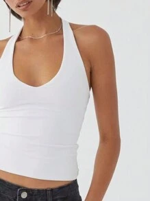 女士纯色V领修身露背休闲上衣 - 白色 - 查看 2