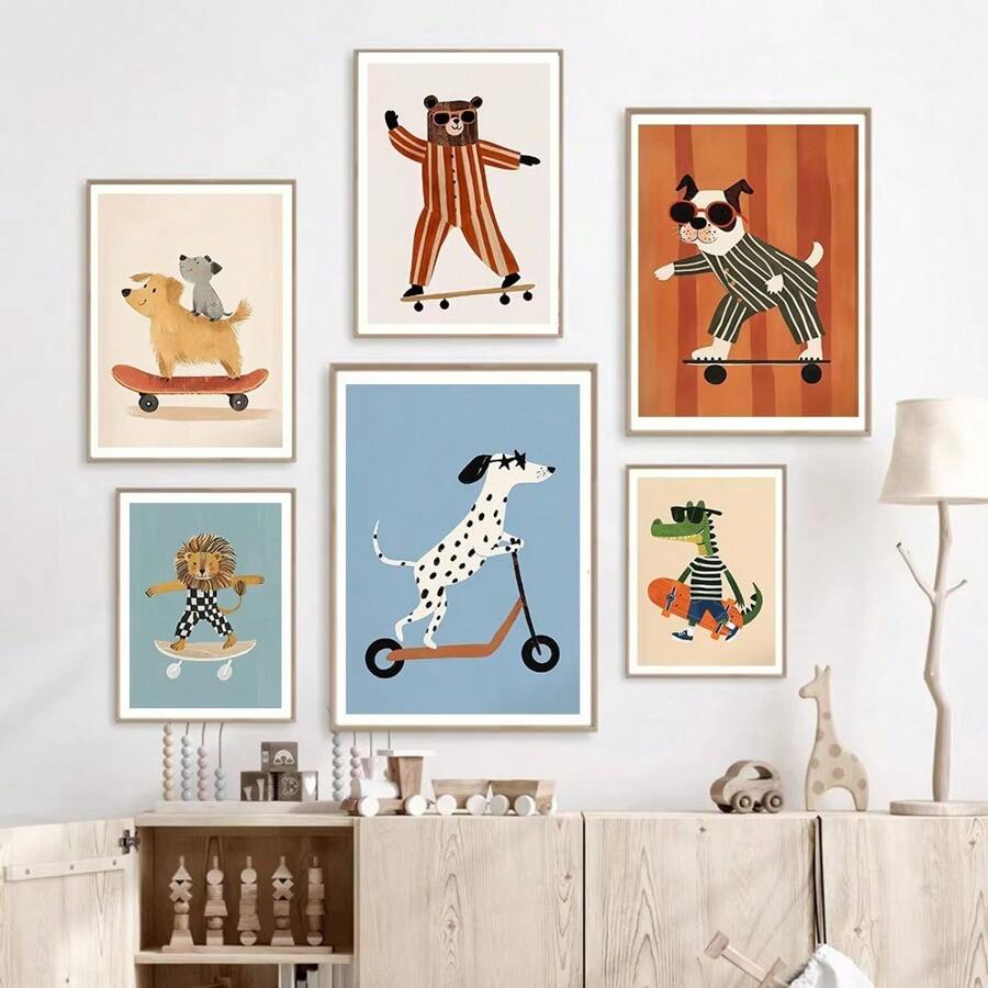 1pc Frameless Funny Animal Poster, Featuring Rabbit, Dog, Bear, Cat, Skateboard Patterns, Canvas Material, Neutral Tones, Suitable For Nursery Decor, Animal Theme