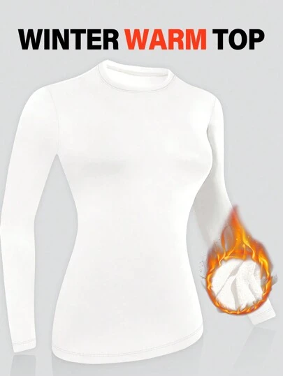 1 st vitt monterad ribbad rund hals långärmad baslager med värmefodrad, lämplig för höst/vinter