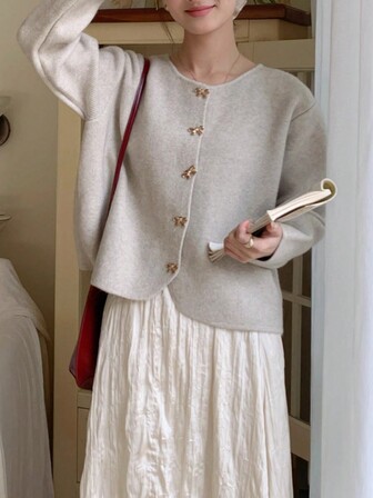 Women's Casual Elegant Bow Button Loose Open Cardigan, Autumn/Winter