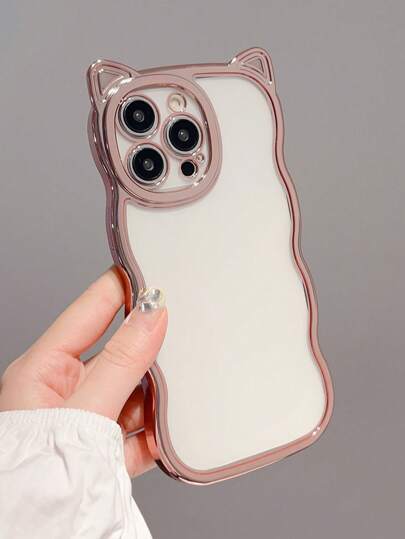 1pc Fashionable Cat Ear Shaped Tpu Phone Case With Electroplated Rose Gold Wavy Edge, Thickened Shockproof Cover Compatible With Iphone Waterproof Anti-Fall Scratch Resistant