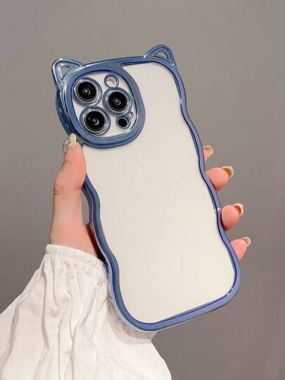 1 件时尚加厚防摔 Tpu 手机壳，蓝色电镀，猫耳波浪边设计，适用于 防水防震防刮