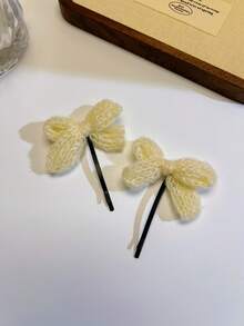 2 件可爱甜美奶油色纱线蝴蝶结夹，涤纶，侧分刘海发夹，充满少女气息，适合秋冬 - 彩色 - 查看 16