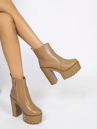 Brown & Black Knee High Boots For Women, European & American Fashion High Heel Waterproof Platform Boots