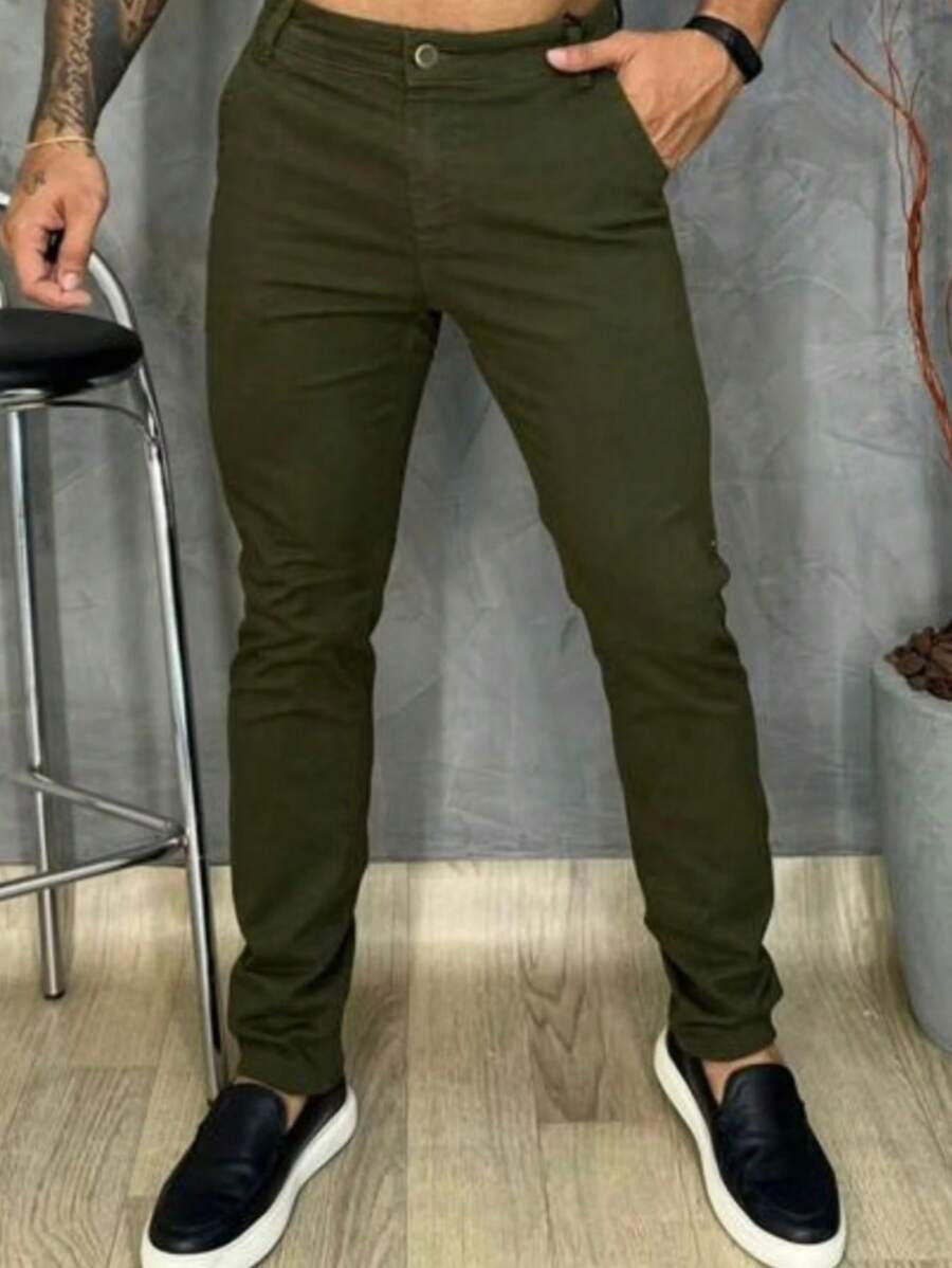 Men's Skinny Jeans In Light Color With Lycra - Army Green - View 1