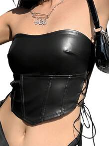 2022 Fashion  Women Sexy Off Shoulder Sleeveless Crop Tops Backless Solid Color PU Leather Tanks Vest Clubwear for Ladies - Negro - Ver 10