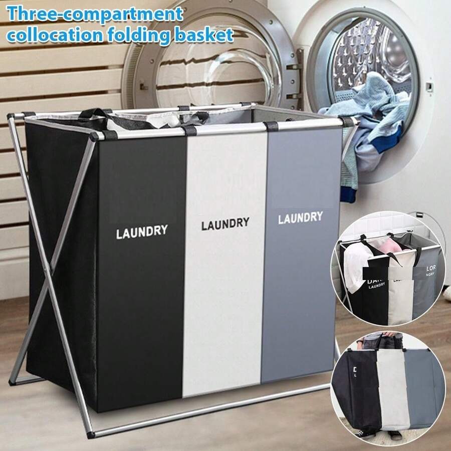 110L Large Laundry Basket,3 Section Sorted Laundry Hamper For Laundry Room Organization,Collapsible Hamper,Suitable For Clothing Storage,Toy Storage,Yoga Mat Storage - Grey - View 1
