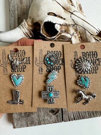 Set de 3 broches de estilo retro y bohemio - Estilo occidental de turquesa, accesorio de moda adecuado para sombreros y uso diario, diseños de sombrero vaquero, rayo, corazón, cactus, cruz, caballo, cabeza de toro, accesorio de broche para vestidos, bolsos, ropa escolar, oficina, camisas, chaquetas, joyería, disfraces de Halloween, regalos divertidos y lindos para maestros