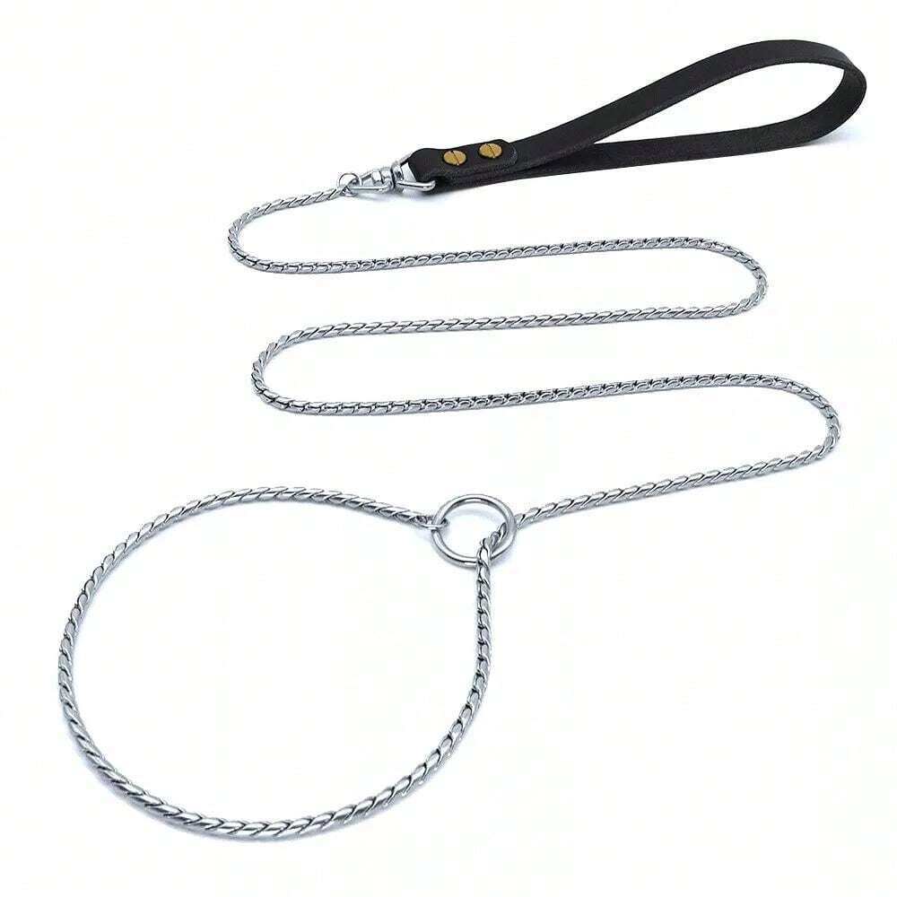 Stainless Steel Gold Chain Dog Leash Leather Handle Training Slip P