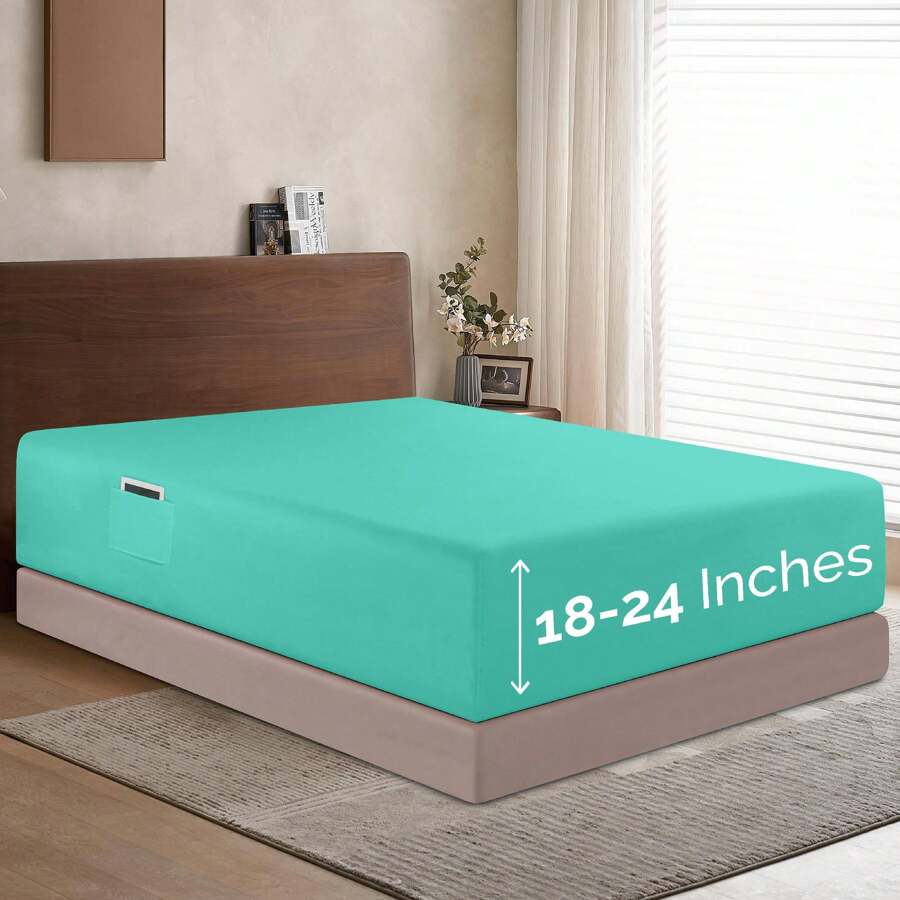 Elegant Comfort Luxury 1pc Extra Deep 18-24 Inch Deep Pocket Fitted Sheet - All Around Elastic Bedding Mattress Covers With Deep Pocket Up To 24 Inch And Double Sided Storage Pockets, Ultra Soft Machine Washable Luxury 1-Piece Bed Fitted Sheet - Fade And Wrinkle Resistant Premium Hotel Quality Twin/Full/Queen/King/Cal King Fitted Sheet, Christmas Decorations Gifts, Cozy Winter Styles, Bright Shades - 天堂青色 - 查看 1