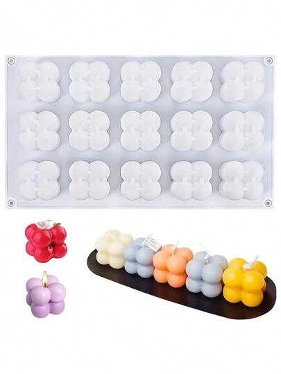 1pc 15-In-1 Silicone Mold Set, 3D Cube Plaster Candle Mold, Plaster Decor Mold, Silicone Mousse Cake Mold, Bubble Dessert Mold, Supplies, S