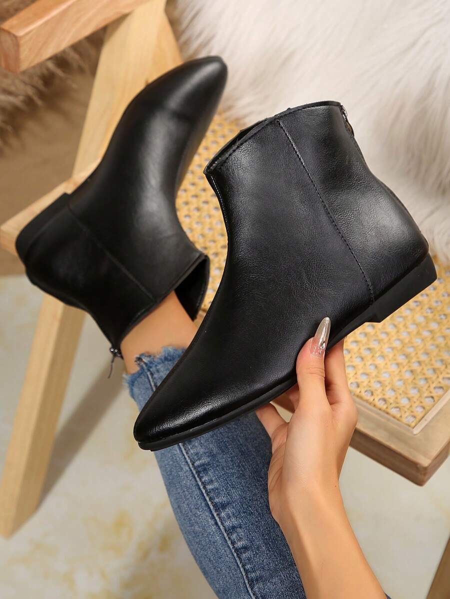 女士优雅黑色尖头平底踝靴，新款秋冬绒面革切尔西靴，适合通勤商务 - 黑色 - 查看 1